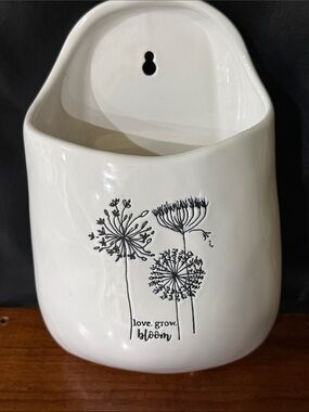 Ceramic Hanging Pocket Planter with Black Dandelion Illustration Creativeco-op